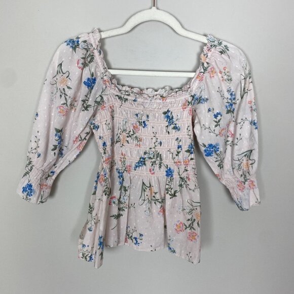 Saylor Clover Smocked Peasant Blouse Top Shirt Womens Medium Pink Floral - Picture 6 of 7
